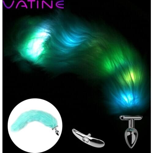 VATINE Blue Luminous Fox Tail Butt Plug Bright Anal Plug Slave Cosplay Tail Sex Toys for Women Men Gay Exotic Accessories
