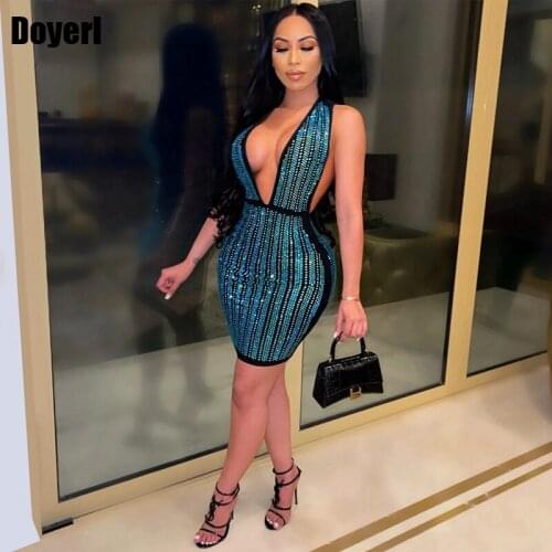 Deep V Neck Rhinestone Party Dress Women Summer Clothes Slim Elegant Sexy Bodycon Dress Mini Night Club Outfits for Women 2021