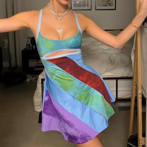 Uclio Vintage Chic Color Matching Sexy Women Strap Y2K Mini Bodycon Party Dress Fashion Night Club Stripe Wrap Dress