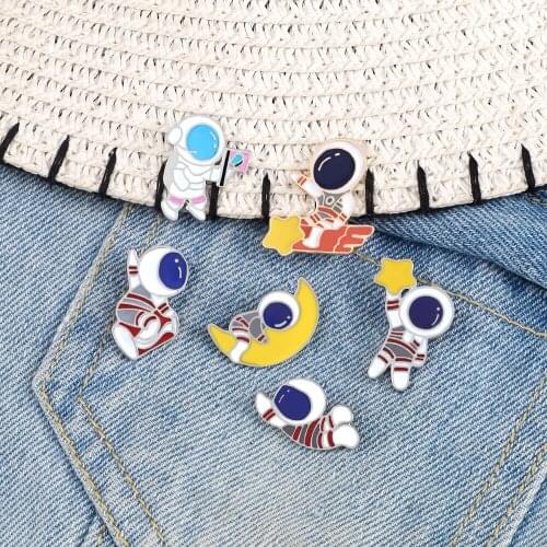 Proud Astronaut Brooches Pins Cute Cartoon Character Enamel Pin Crescent Star Badge Denim Lapel Brooch Jewelry For Women Men Kid