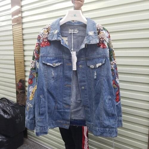 2021 Spring Autumn Women Shoulder Beaded Sequin Blue Denim Jacket Loose Outwear Female Student Hole Jeans Coat Jacket Streetwear