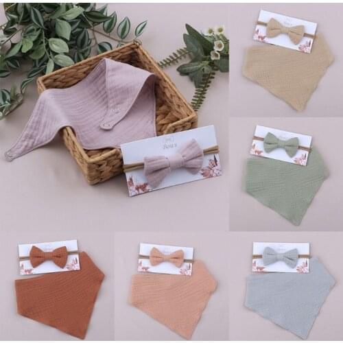 Baby Girls Elastic Bow Headband Saliva Towel Set Newborn Toddler Bowknot Hair Band Bib Kit Pure Cotton Solid Color hot