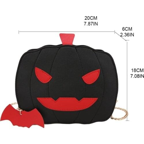 Women Novelty Crossbody Bag PU Leather Pumpkin Shoulder Bags Devil Chain Handbags Bat Pendant Halloween Tote Bag
