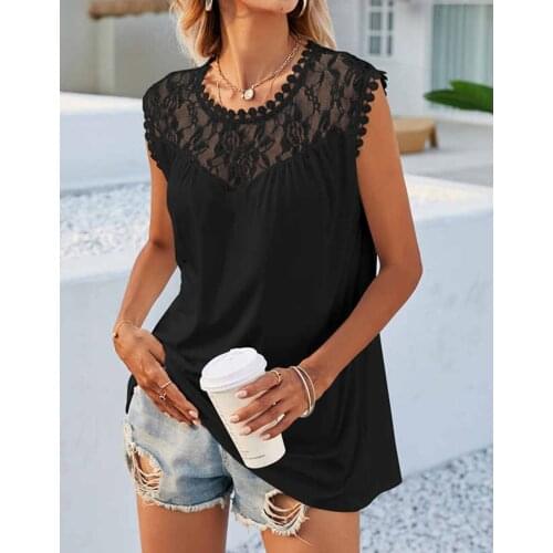 2021 Summer Women Loose Style Vest Round Collar Sleeveless Floral and Lace Hem Tops For Friends Gathering Travel Shopping Dating