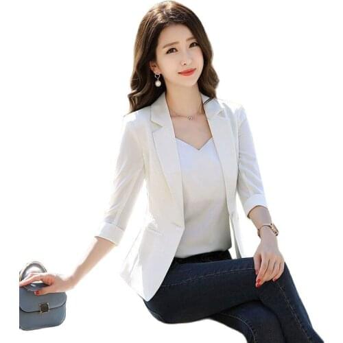 2021 New Spring Summer Thin Small Suit Jacket Ladies Slim Single Button Blazer Women Seven Points Sleeve Coat Top Plus Size 4XL