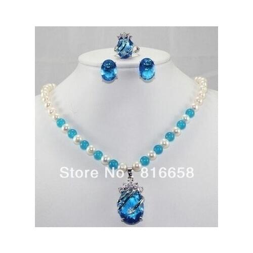 Beautiful 7-8MM white freshwater pearl blue crystal ladys necklace earrings ring set