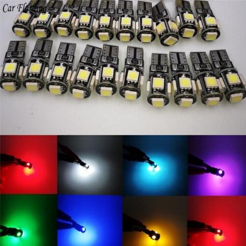 20PCS T10 Canbus White Blue Red Yellow Pink Green Ice Blue 5smd Car Light W5w 194 168 Error Bulbs DC 12V Wedge Lamp Parking Lamp