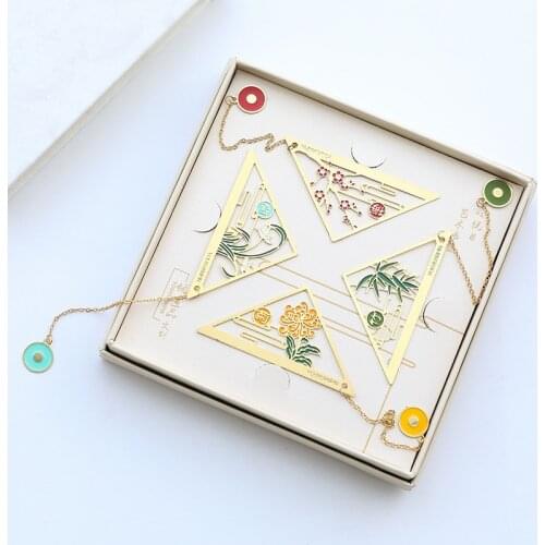 4PCS/SET Chinese Classical Style Bookmark Merlin Bamboo Chrysanthemum Metal Book Marks