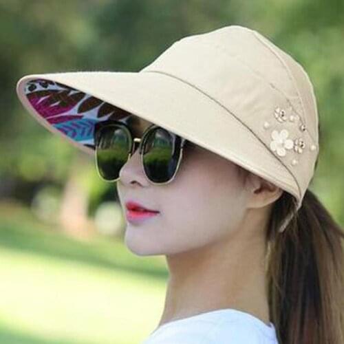 75% Hot Sales!!! Women Solid Color Wide Brim Beads Flower Decor Sun Hat Visors Outdoor Sports Cap