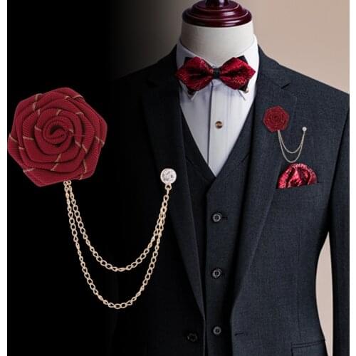 Handmade Fabric Cloth Rose Flower Brooches Crystal Tassel Chain Lapel Pins Mens Suit Shirt Badge Wedding Fashion Jewlrey Gifts