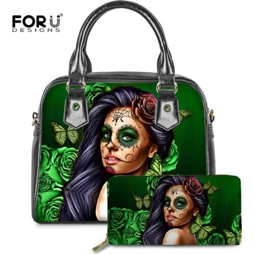 FORUDESIGNS Calavera Girl Green Women Handbags Luxury Messenger Bags Fashion Pu Leather Female Tote Messenger Bags Bolsa Femme