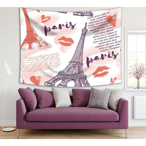 Tapestry Eiffel Tower Hearts Kisses Love Letters Watercolor Splashes Retro Pink Purple Romantic Artwork Printed