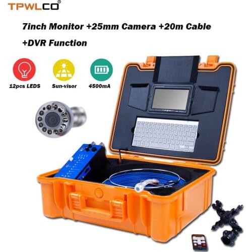 Sewer Drain Inspection Camera System 7" LCD Color Display 25mm Video CCTV Pipe Camera With DVR/Keyboard 20m Cable