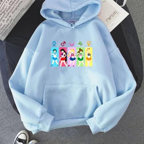 Sailor Moon Hoodie Oversized Kawaii Womens Loose Vintage Sweatshirts Casual O-Neck Spring Autumn Fleece Pullovers Women Clothing