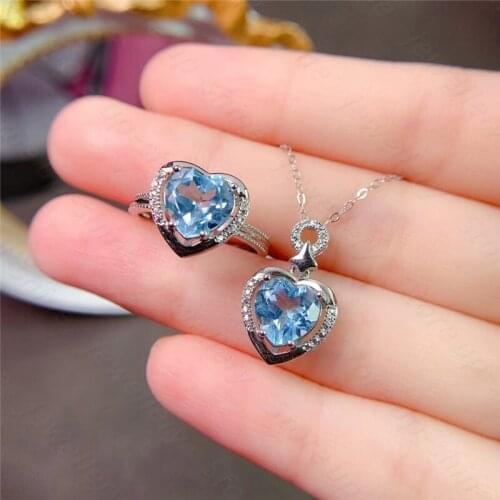 New 925 silver inlaid natural topaz ring & pendant jewelry set, birthday party gift