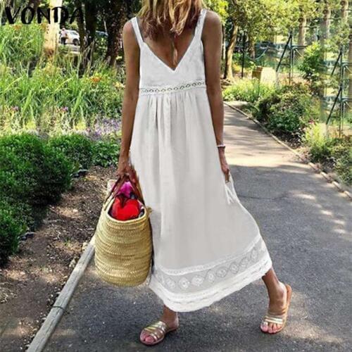Summer Sundress Women' Sleeveless Lace Patchwork Holiday Long Dresses VONDA 2021 Deep V Neck Party Tank Dress Plus Size Vestido