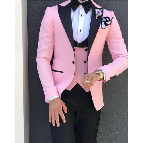 2019 Fashion Pink With Black Lapel Men Wedding Tuxedo Skinny Suits Men Custom Made 3 Pieces Terno Masculino Suits