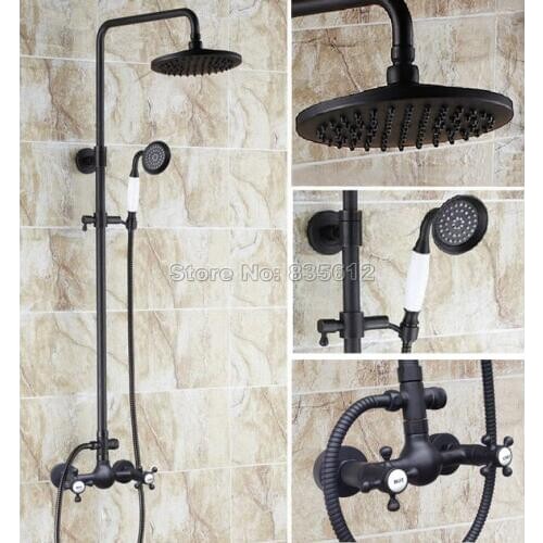 Wall Mounted Bathroom Black Oil Rubbed Bronze Rain Shower Faucet Set & Dual Handles Mixer Taps + Handheld Shower Head Wrs494