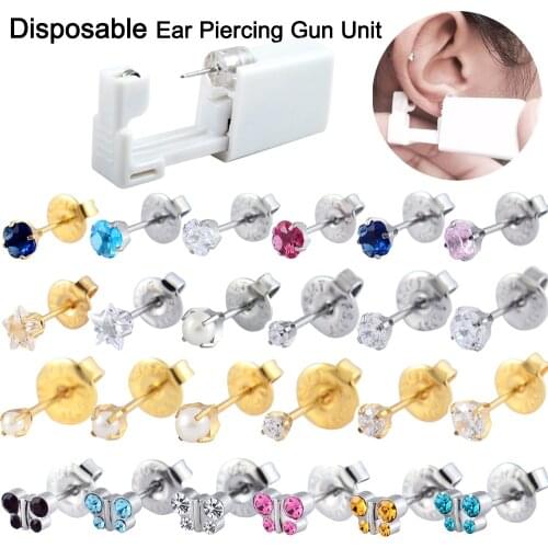 1PC Disposable Sterilized Ear Piercing Gun Unit Pearl Zircon 24K Gold Plated Surgical Steel Ear Studs Cartilage Tragus Puncture