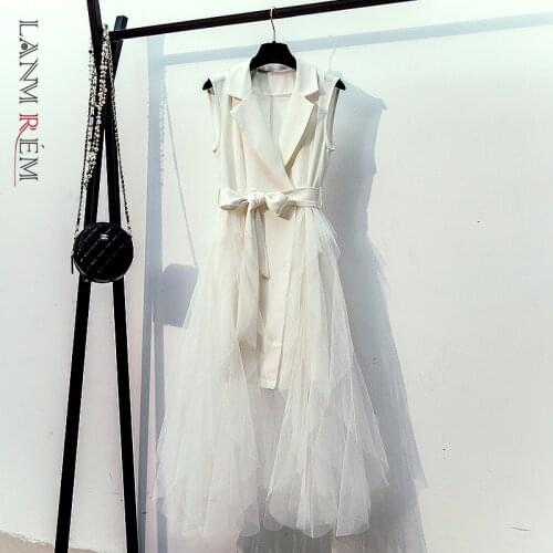 LANMREM OL ladiy high street Mid-length blazers style Dress for Female Slim patchwork mesh sleeveless long dress with belt YJ637