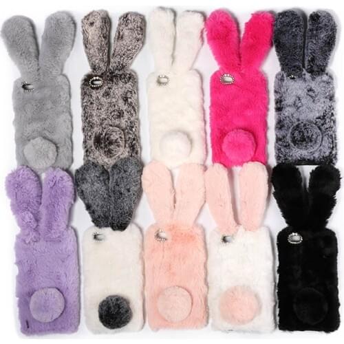 Rabbit Ears Warm Fur Plush Cover For Huawei Honor View 10 8A 9X V9 Pro Paly 9I 10I 20I 10 Lite Y6 P smart 2019 Soft Phone Case