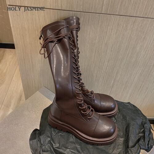 HOT Knee-High Women Knight Boots New Autumn and Winter Lace-Up Retro Short Plush Inside Martin Boots Pigskin Cross-tied