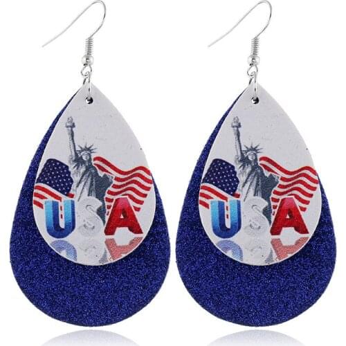 New 2020 Glitter Doubles Flag Stars Earrings Faux Leather Teardrop Leaf Earrings Layered Independence Day Pentagram Earrings