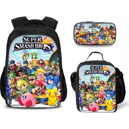 3pcs Super Smash Bros Girls&Boys School Backpack Set Cute 3D Printing Bagpack for Kids Preppy Primary Children Bookbags Mochila
