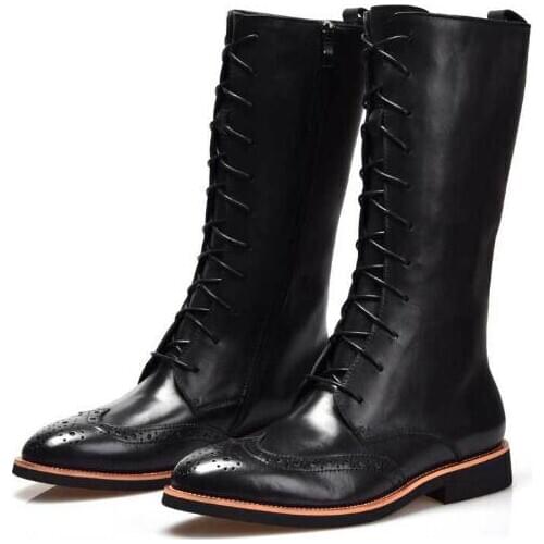 High top genuine leather winter knee-High boots fashion men boots lace up pointed toe Martin boots