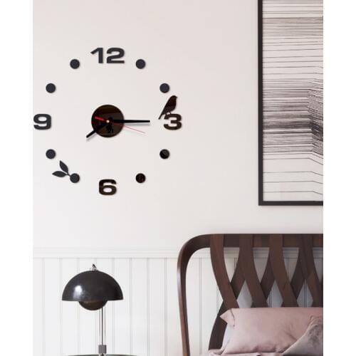 Cute Bird Mirror Wall Clock DIY Mirror Effect Home Decoration Wall Stickers Brief Style Still Life Quartz Living Room Wall Clock
