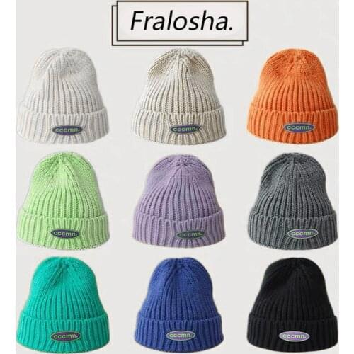 New Solid Womens Wool Beanie Personality Letter Labeling Warm Knitted Hat Women Simple Korean Style Wool Casual Knit Beanie Hat