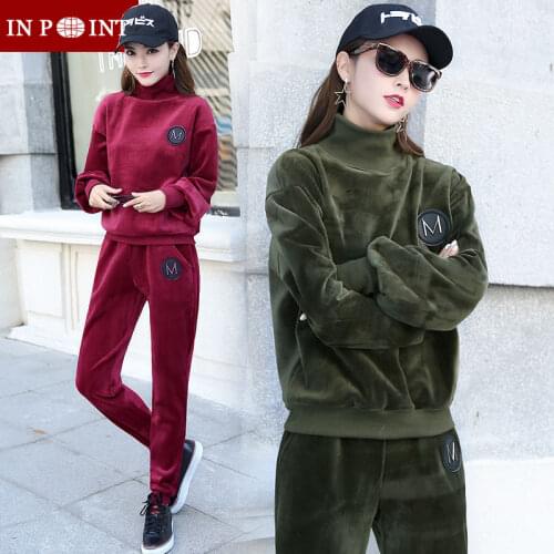 2018 new women winter fleece sportswear tracksuit high neck thick sweater sweatshirt+pants running jogging leisure set warm suit