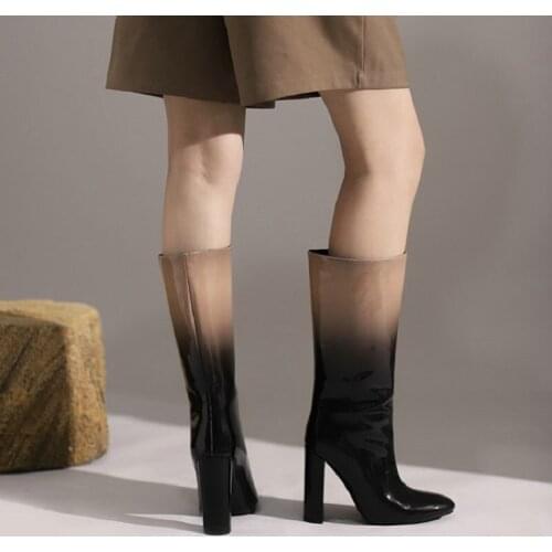 Sianie Tianie Winter Patent PU Leather Luxury Brand Designer Women Gradient Color Block High Heels Loose Knee High Riding Boots