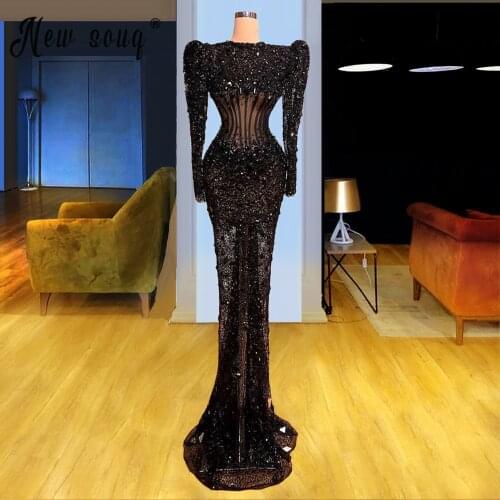 Black Prom Dresses Party Gowns 2021 Arabic Middle East Woman Party Night Formal Long Sleeves Gowns Robe Real Photo