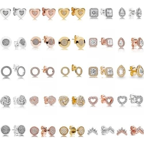 Original 925 Sterling Silver Earring Two Tone Domed Golden Heart Stud Earrings For Women Wedding Gift Fashion Jewelry