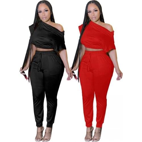 2021 Summer New T-shirt Two Sets Of Womens Inclined Collar Short Sleeve Top + Pantsuit African Fashion Sexy Solid Color Two Sets