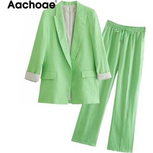 Aachoae Autumn Women Elegant Green Color Suit Blazer Set Vintage Notched Collar Long Sleeve Blazers High Elastic Waist Long Pant