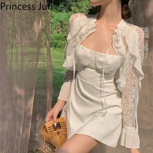 Women New Summer Sexy 2 Piece Dress Sets Straps Slash Neck Slim Mini Dress&Sun Protection Short Lace Shirt 2pc White Skirt Suits