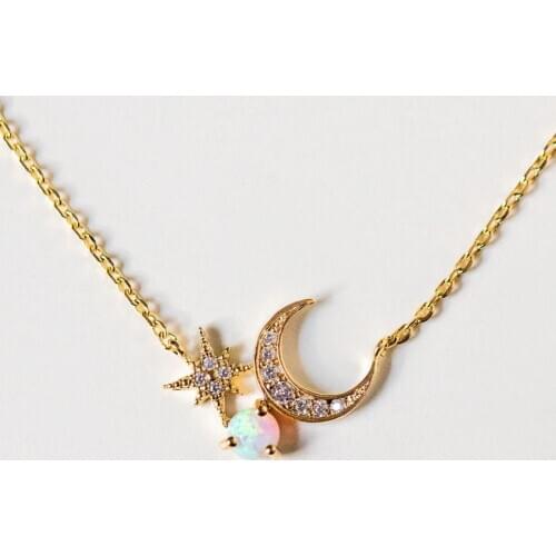 Fine 925 sterling silver women girl gift jewelry Gold plated CZ opal gemstone cute lovely moon star silver necklace