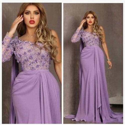 2020 Arrival Purple Prom Dresses Sexy One Shoulder Neckline Long Sleeve 3D Floral Lace Fabric Bodice Skirt Formal Evening Gowns