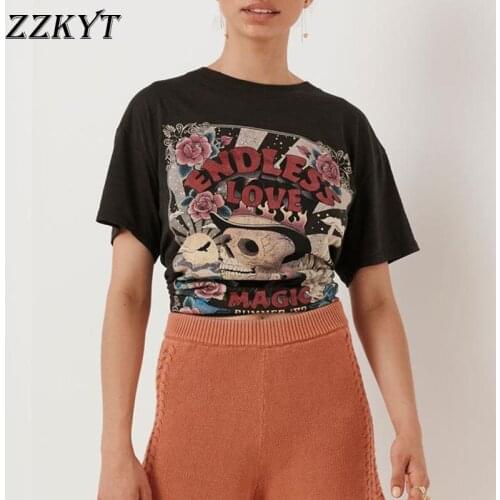 ZZKYT 2021 Women Summer Fashion Skulls Print T Shirt Vintage Casual Tops Tees O-neck Short Sleeve Female Harajuku Ladies T-Shirt