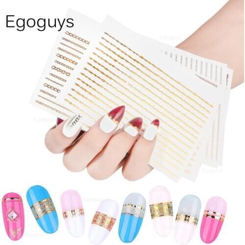 1PC Laser Gold Silver Rose 3D Metal DIY Nail Sticker Geometric Straight Chain Line Arc Tape Curved Wave Stripe Decoration Decals