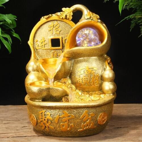 220V Lucky Water Fountain Living Room Desktop Decorative Fountains Feng Shui Humidifier Home Decor Accessories Ornaments Golden