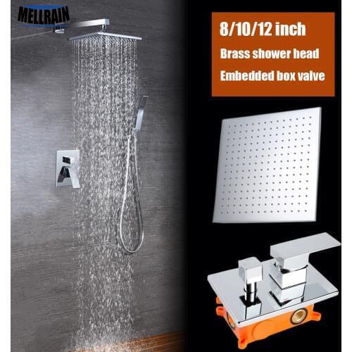 Bathroom 2 functions rainfall shower system set brass square 8 10 12 inch shower head chrome bathroom bath faucet embedded box