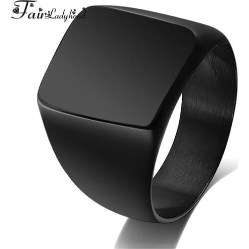 FairLadyHood Punk Men Ring Square Big Width Signet Rings Fashion Male Black Finger Ring Stainless Steel Jewelry
