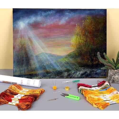 Natural Scenery Der Printed Fabric 11CT Cross-Stitch Embroidery Patterns DMC Threads Handicraft Needlework Handmade Package