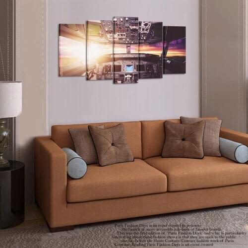Airplane Cockpit Canvas Painting Pilots Perspective Landscape Poster Five Piece Set Wall Picture for Living Room Decor Light