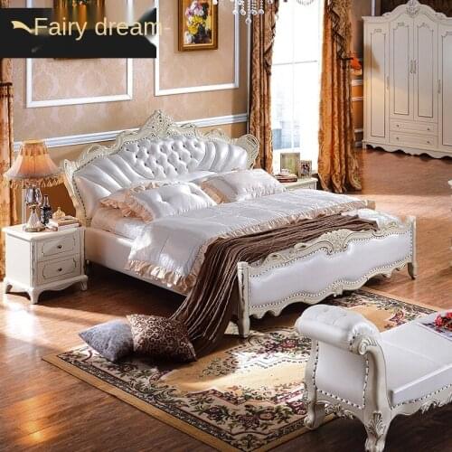 European style leather bed solid wood carving 1.8m 2m double bed French luxury villa wedding bed bedroom princess bed