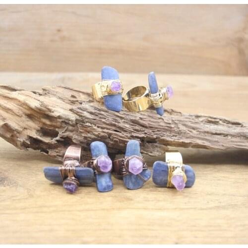 Brass Wire Wrapped Raw Kyanite&Amethysts Rings Blue Quartz Slice Slab Adjustable Ring Fashion Women Jewelry Dropshipping,QC4131