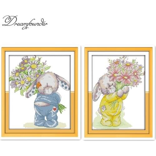 Needlework DIY DMC Cross Stitch Sets For Embroidery Kits Rabbit Present a Bouquet Counted Cross-Stitching 18ct 14ct 11ct plus
